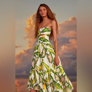 Farm Rio Summer Foliage Strapless Midi Dress